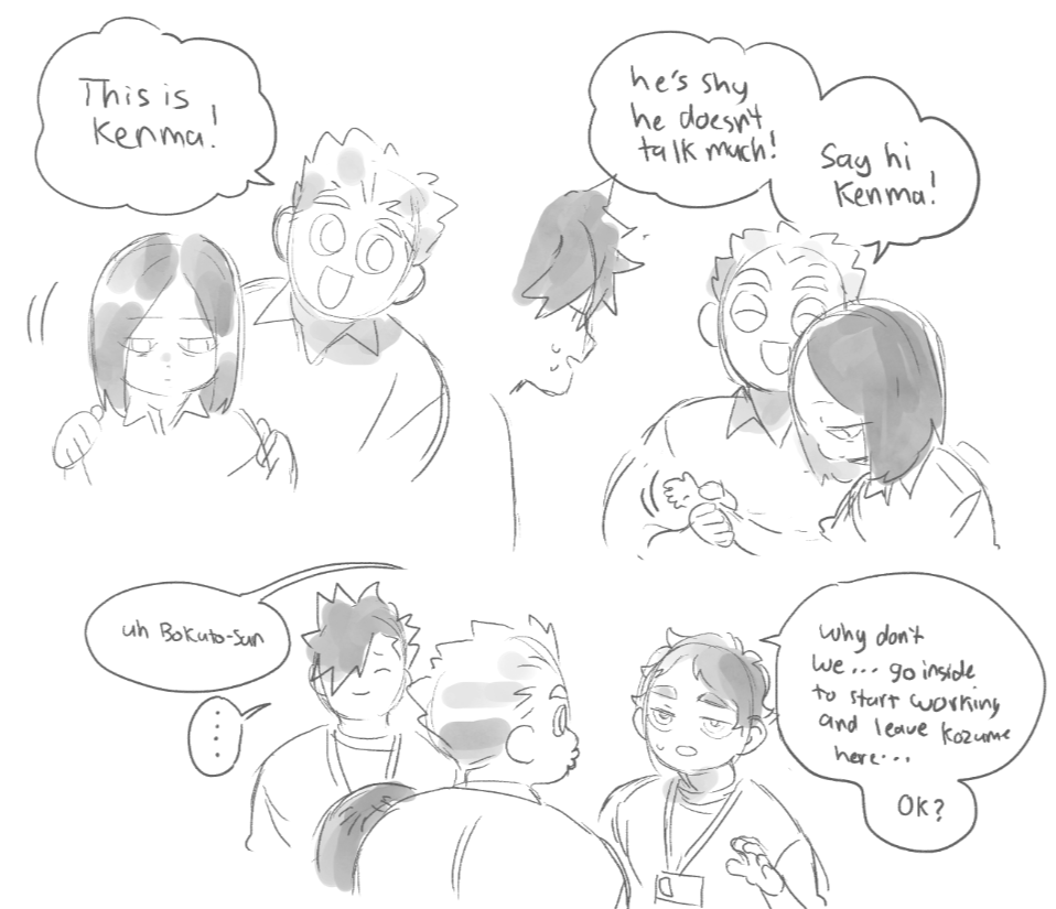 on PP a t r e o nn  I started doodling an AU where Kenma goes mute and freezes up when hes anxious so he goes to a school for disabled and Kuroo and akaashi are students who volunteer/helpers 