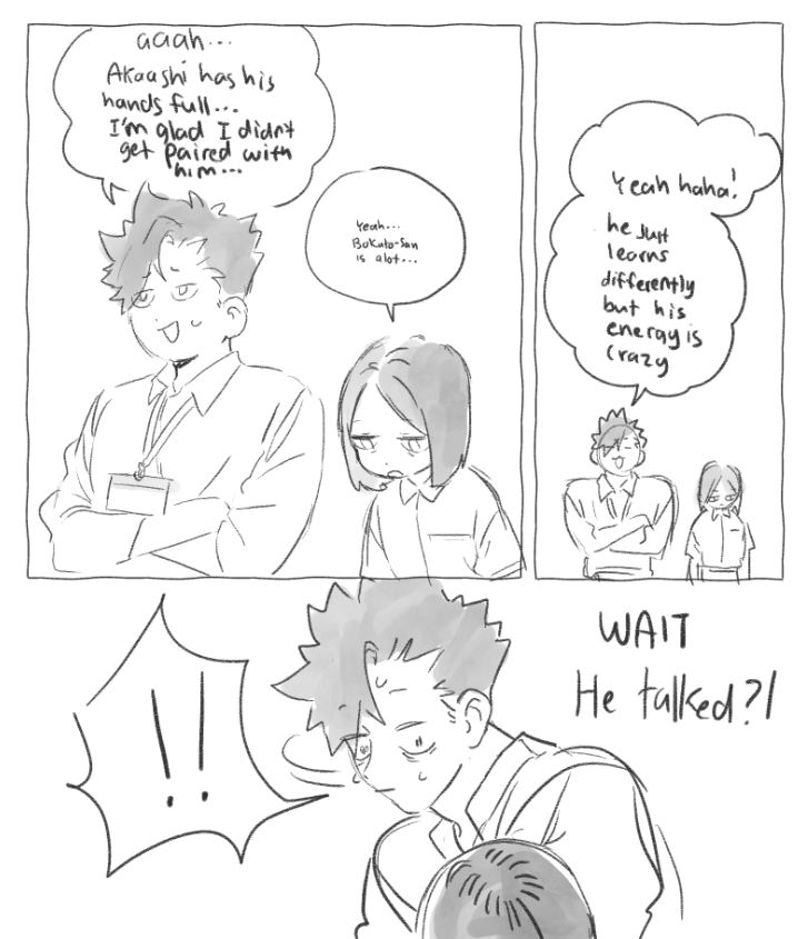 on PP a t r e o nn  I started doodling an AU where Kenma goes mute and freezes up when hes anxious so he goes to a school for disabled and Kuroo and akaashi are students who volunteer/helpers 