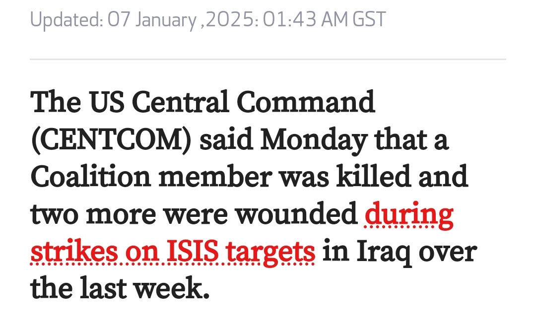 LevantJourno's tweet image. US Coalition:
[1 member killed , 2 injured.]
“From December 30 to January 6, CENTCOM and Iraqi forces conducted multiple strikes in the #Hamrin mountains of #Iraq, targeting known ISIS locations,”