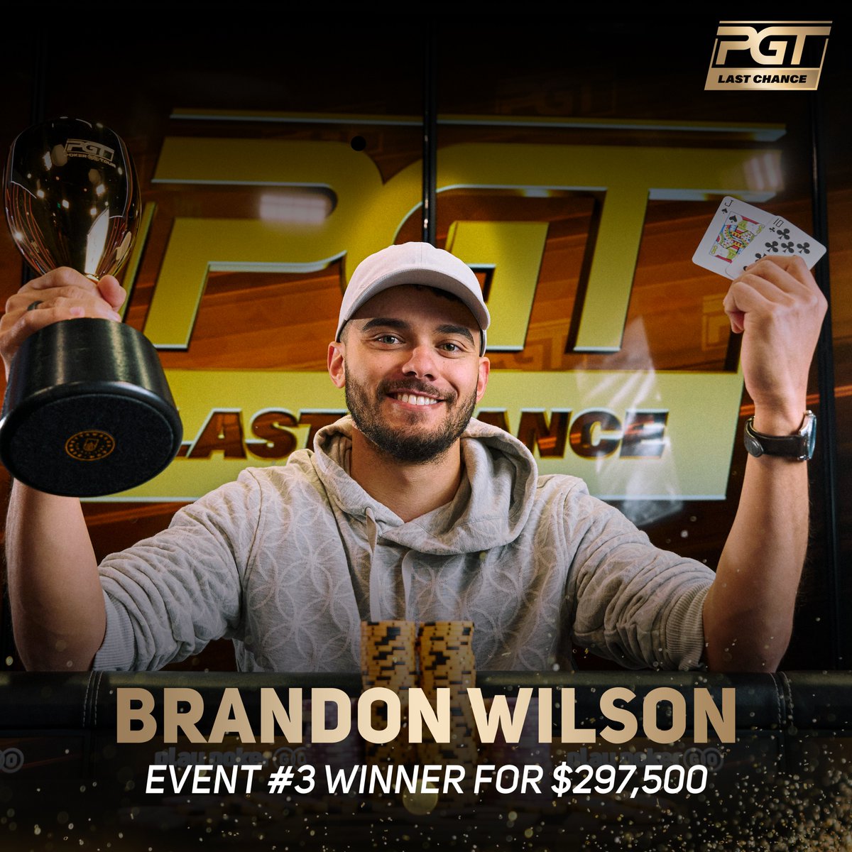 PokerGOTour's tweet photo. Congratulations to Brandon Wilson, winner of Event #3: $10,100 No-Limit Hold'em at PGT Last Chance.

Wilson wins his first PGT title after topping the record-tying 119-entrant field to collect the $297,500 first-place prize.

He now has one hand firmly on a Dream Seat into the PGT $1,000,000 Championship.