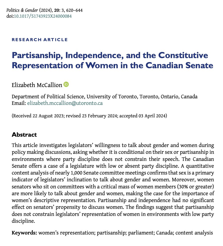 Politics & Gender (@politicsgenderj) on Twitter photo 📢New issue of #PAG20 is out!📢
<a href="/EMGMcCallion/">Elizabeth McCallion</a> investigates the conditions under which legislators talk about gender in the 🇨🇦 Senate in "Partisanship, Independence, and the Constitutive Representation of Women in the Canadian Senate"
🌟#OpenAccess🌟
cambridge.org/core/journals/… 📢New issue of #PAG20 is out!📢
<a href="/EMGMcCallion/">Elizabeth McCallion</a> investigates the conditions under which legislators talk about gender in the 🇨🇦 Senate in "Partisanship, Independence, and the Constitutive Representation of Women in the Canadian Senate"
🌟#OpenAccess🌟
cambridge.org/core/journals/…