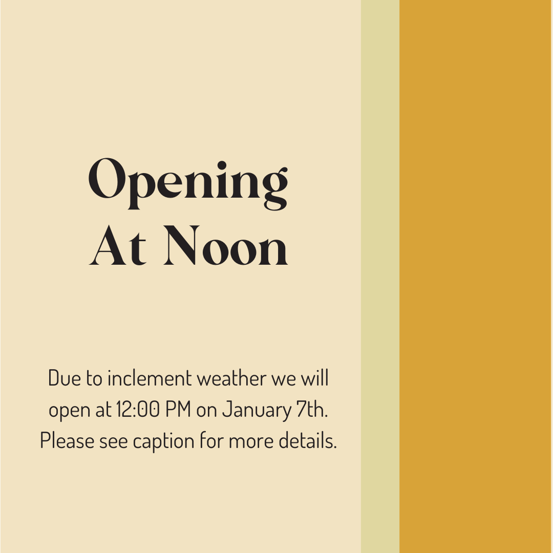 Due to inclement weather, we will open at noon on January 7th. If this change affects any of your appointments, you will be contacted directly by a member of our staff to have your service rescheduled.
Thank you for your continued support, and we hope you stay warm and safe. ♥️❄️