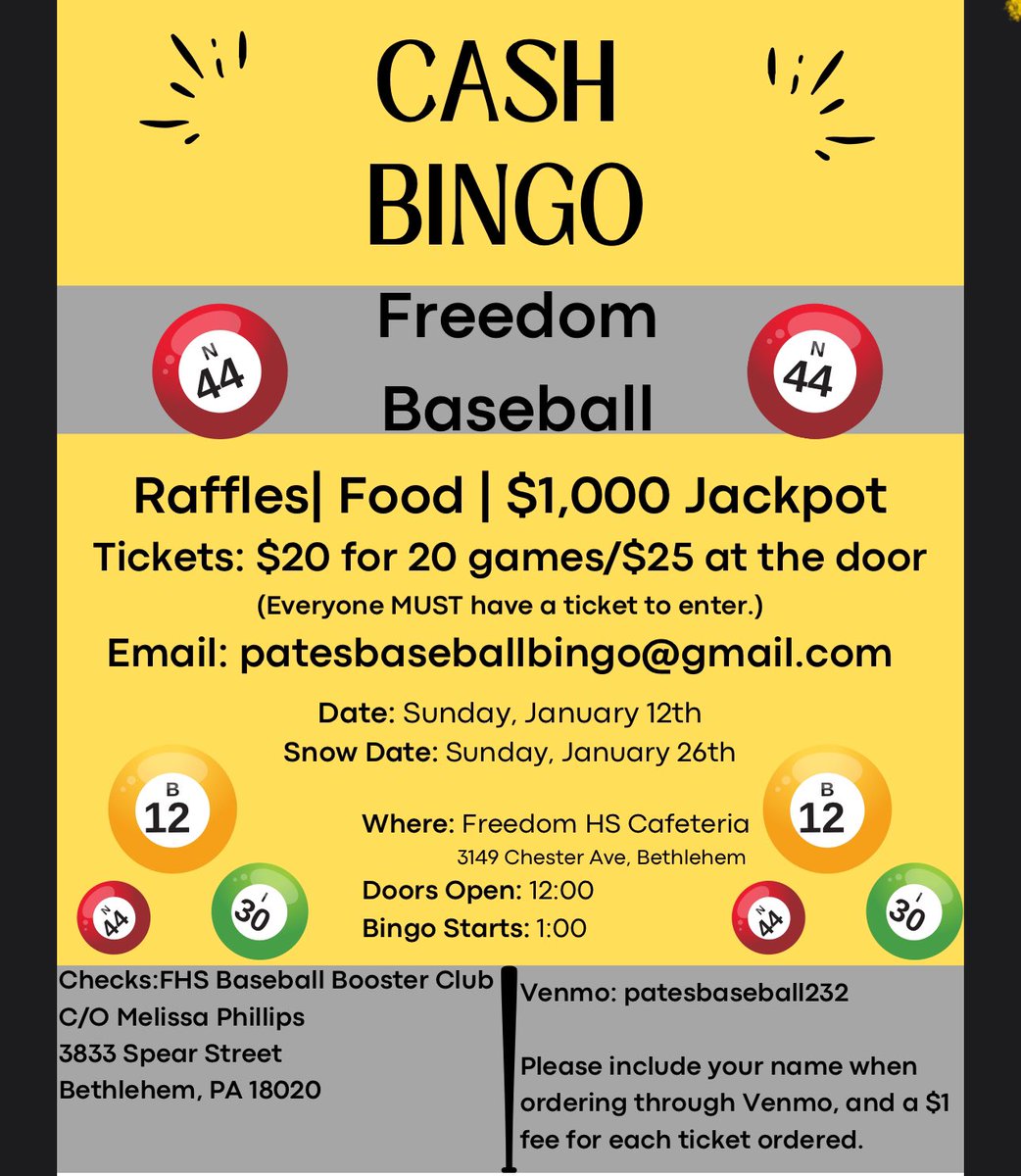 This Sunday the Freedom Baseball Program will be having a cash bingo. Get your last minute tickets here!
