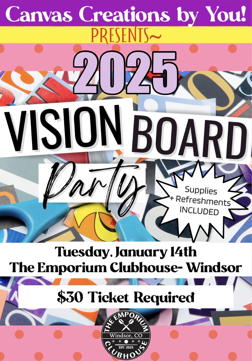 CanvasCBY's tweet photo. It’s a New Year~ Time to Plan what your 2025 is going to look like with a Vision Board Paint Party! We’ve got 2 dates &amp; locations to choose from- get your tickets today on Eventbrite!
#Windsor or #Loveland  #NoCoPaint https://t.co/FzrSkpXTBH