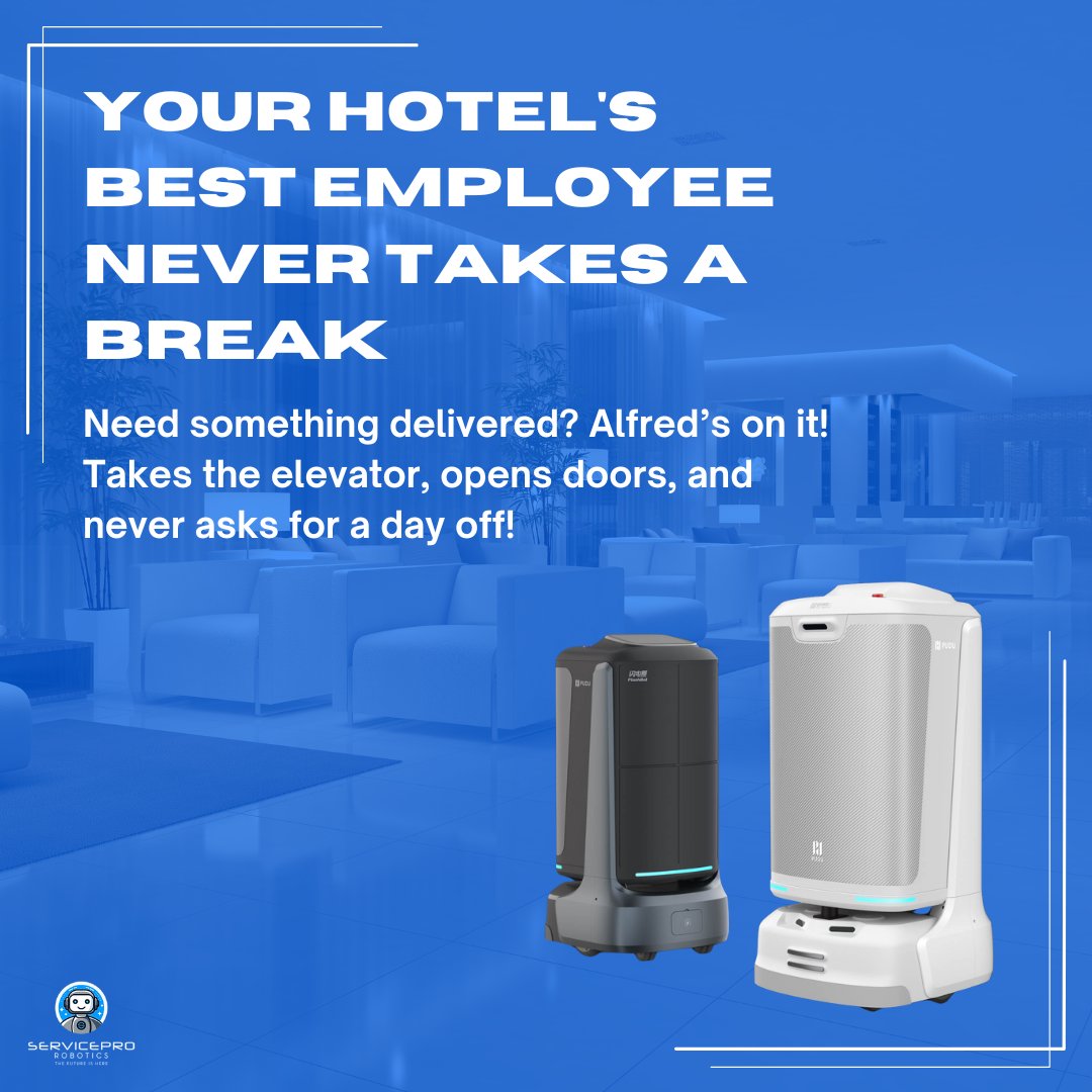 Service_Robots's tweet image. Why settle for less when Alfred can keep things running smoothly 24/7?
👉 Ready to give Alfred a shift? Get a quote today and see how he can transform your hotel!
#HotelAutomation #ServiceRobotics #HospitalityTech #FutureOfService