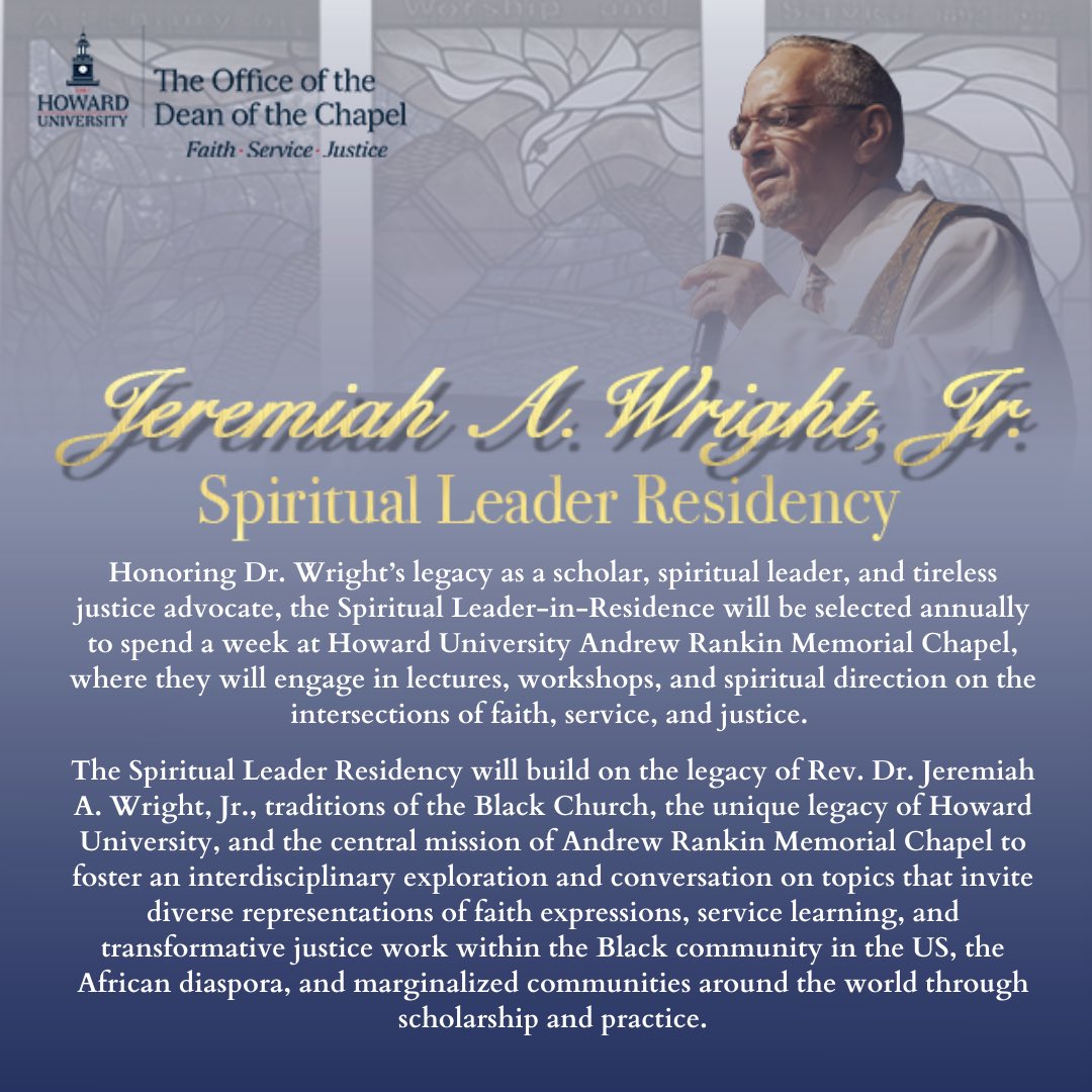 Join us for Jeremiah A. Wright, Jr Spiritual Leader Residency Week, January 19 - 22. 

The year’s Jeremiah A. Wright, Jr. Spiritual Leader-in-Residence is Rev. Dr. Gina M. Stewart, senior pastor of Christ Missionary Baptist Church.