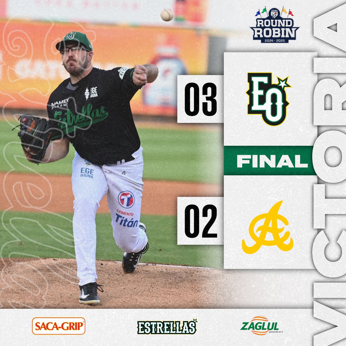EOBASEBALLCLUB's tweet photo. 🎁 ¡Les dimos su regalo, pero fue una derrota! 💥 Con un marcador 3-2, silenciamos los bates de las Águilas y seguimos firmes en el Round Robin. 🦅💚 #Serie23EO #VamosEstrellas https://t.co/NEun6wrHn7
