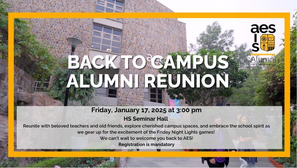 AESDelhi's tweet image. Mark your calendars for the Back to Campus Alumni Reunion! 🎉 Join us on Friday, January 17th, at 3:00 PM for an afternoon filled with nostalgia and connection.✨

We can&apos;t wait to welcome you back to AES!

Registration is required: buff.ly/421tZOz

#AESAlumni #AESDelhi