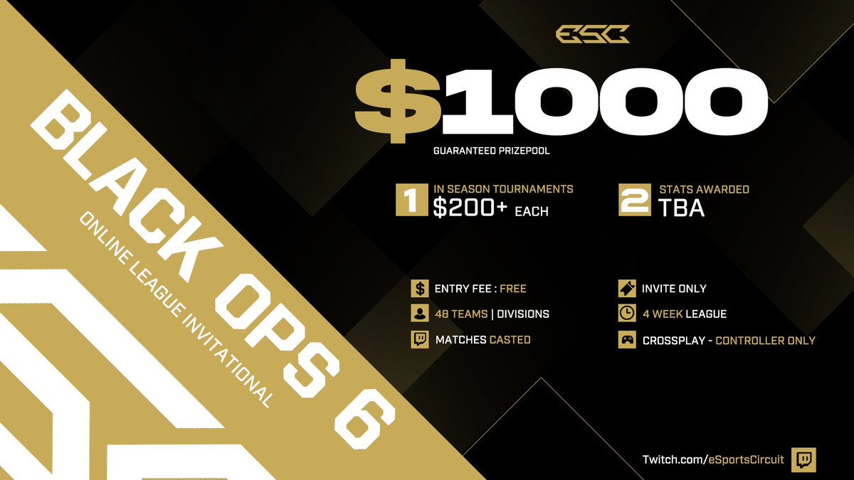 ESC Invitational - Black Ops 6 League

💰 - 1,000 Prize Pool 
🎟️ - FREE ENTRY
🎮 - 48 Teams
📺 - Matches Casted &amp; Streamed

For Info + Invitational Form reply / send us a Message.