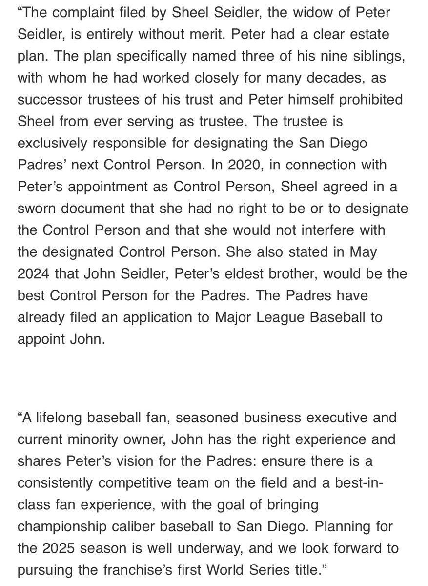 Statement from spokesperson for the Peter Seidler Trust regarding lawsuit brought by Sheel Seidler: