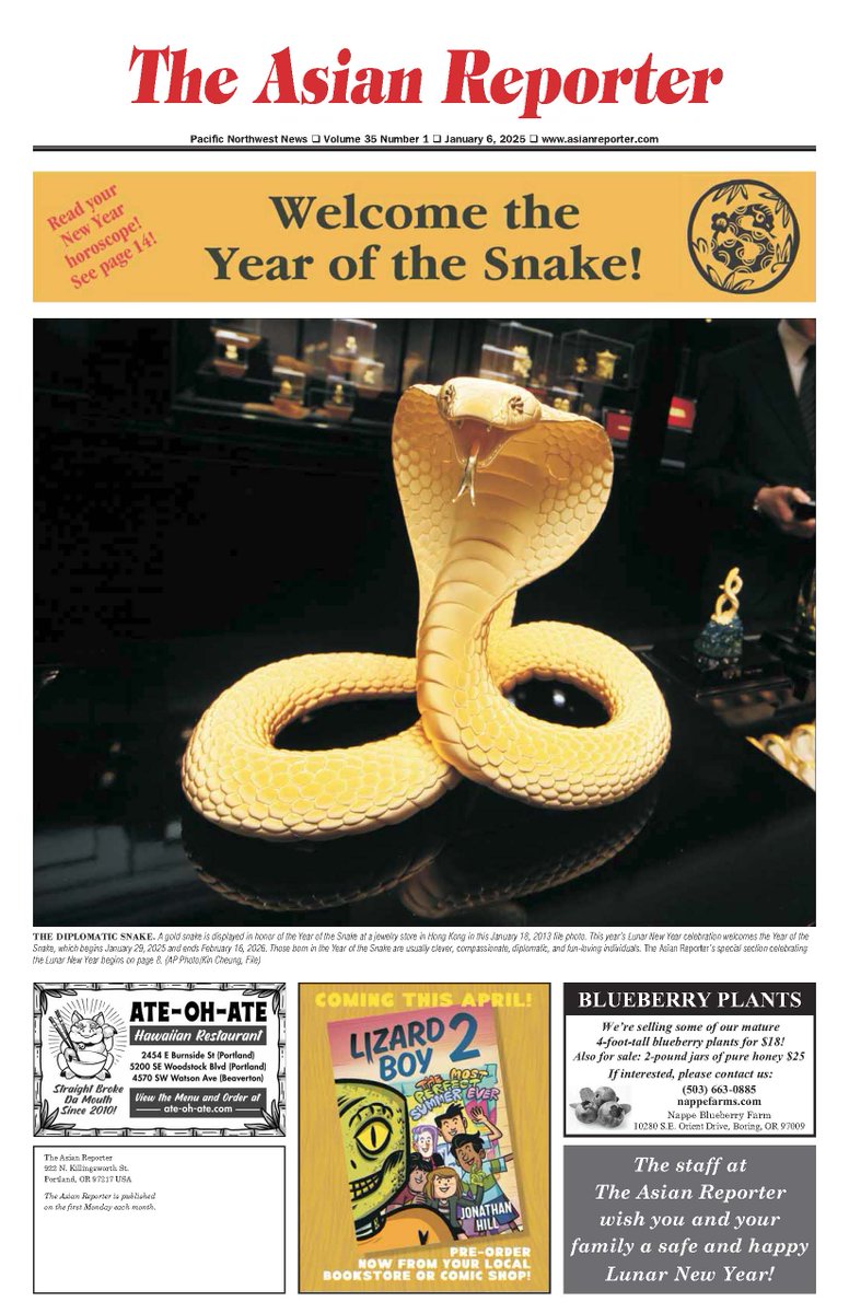 AsianReporter1's tweet photo. The new edition of The Asian Reporter is available online! Visit (https://t.co/mQ5c3uAJgd) to download the Special Lunar New Years edition plus extra web only stories. On January 29 we welcome the Year of the Snake. https://t.co/FRRpsw0NLe