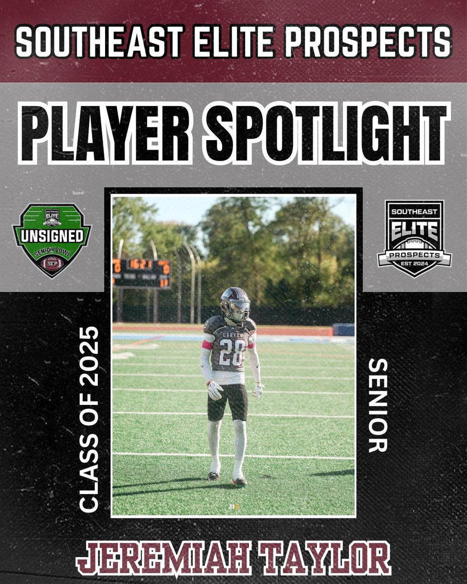 Southeast Elite Prospects (@southeastelite_) on Twitter photo 🗣️ COLLEGE COACHES
Take a look at this UNCOMMITTED SENIOR of the Class of 2025!
👤 Jeremiah Taylor
📲 <a href="/luhjay5_/">Jeremiah Taylor</a>
Position: Safety
Film: hudl.com/v/2Q6sdw
He will play in our UNSIGNED SENIOR BOWL!
🏈 Practices: 1/25/25
🏟️ GAMEDAY: 1/26/25 at 1 PM 🗣️ COLLEGE COACHES
Take a look at this UNCOMMITTED SENIOR of the Class of 2025!
👤 Jeremiah Taylor
📲 <a href="/luhjay5_/">Jeremiah Taylor</a>
Position: Safety
Film: hudl.com/v/2Q6sdw
He will play in our UNSIGNED SENIOR BOWL!
🏈 Practices: 1/25/25
🏟️ GAMEDAY: 1/26/25 at 1 PM