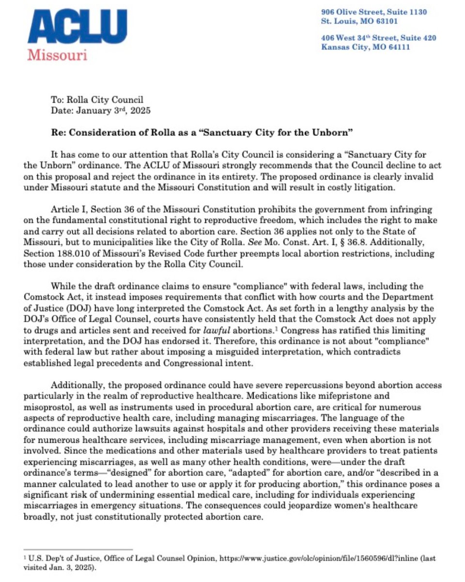accessmotoday's tweet photo. The ACLU of Missouri issued a letter to the Rolla Mayor and City Council to strongly oppose a proposed ordinance that violates state constitutional protections prohibiting the government from infringing on the fundamental right to reproductive freedom. https://t.co/UArY0a5RM0