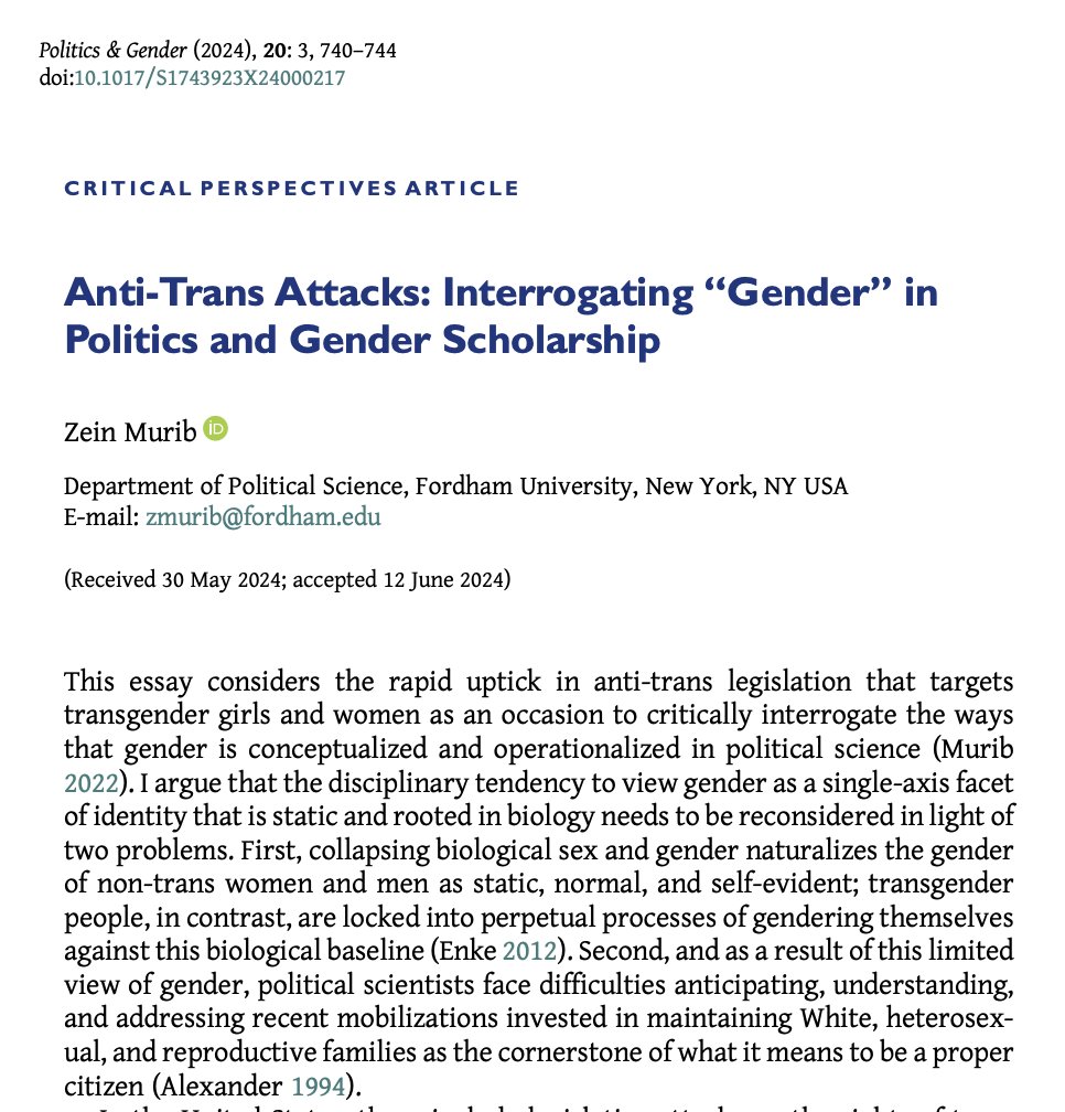 PoliticsGenderJ's tweet photo. 📢New #PAG20 Critical Perspectives📢 

@zeinmurib argues for the reconsideration of how gender is conceptualized and operationalized in political science in light of the increased legislative attacks on trans rights in the 🇺🇸.

https://t.co/dyKJSULW9x https://t.co/TFHVSJF0ae