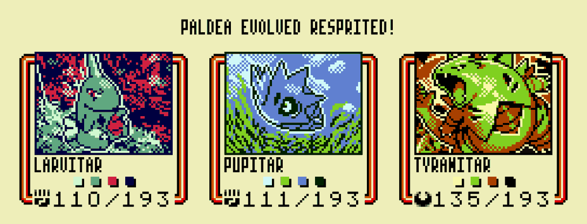 DoveTortle's tweet photo. Pokemon TCG Paldea Evolved, Larvitar, Pupitar, and Tyranitar! 
#PokemonTCG #Pokemon #sprites #GBC #pixelart https://t.co/RRqyNnvvh0
