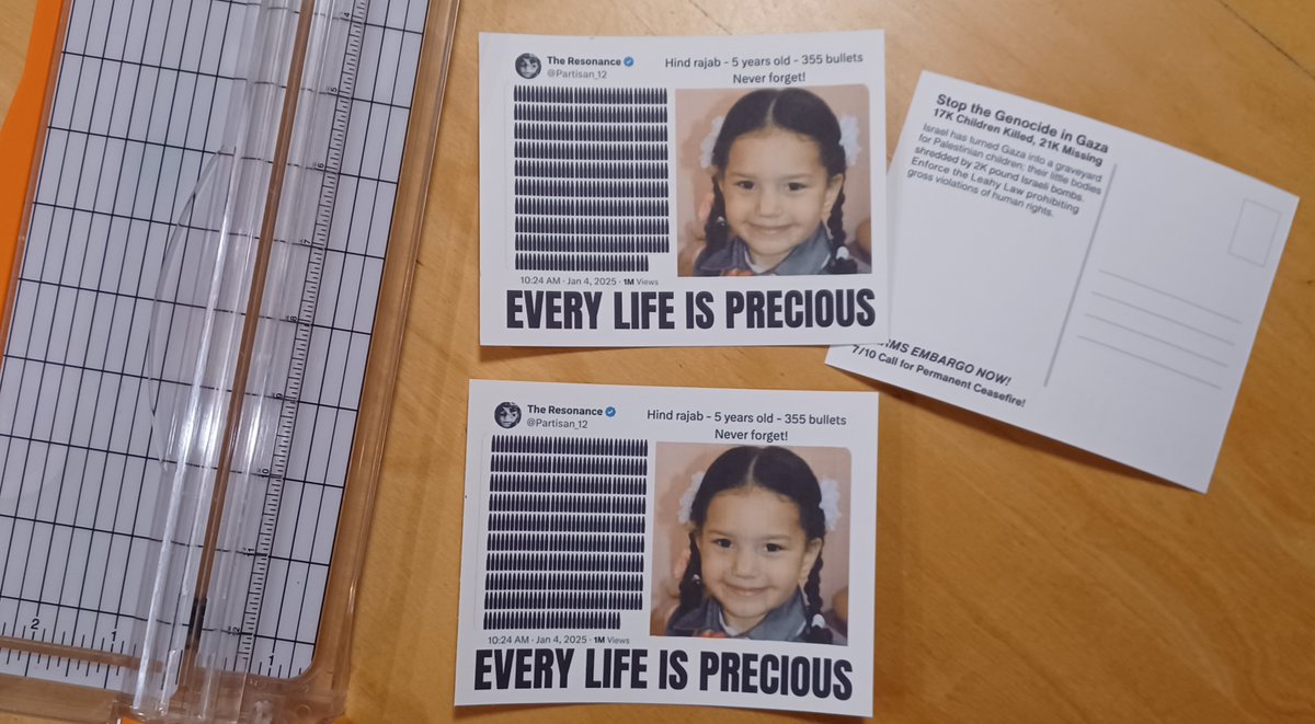 Plucille54's tweet photo. Never let your @AIPAC bought representatives forget about the genocide they are complicit in!
@SenatorHassan @SenatorShaheen
2-sided Postcards to print at home on 60lb cardstock!
#355Bullets #HindRajab #Gaza #StopGenocide
Like @CredicoRandy and @guerillartist say:
#DoSomething https://t.co/F79foR9kvQ
