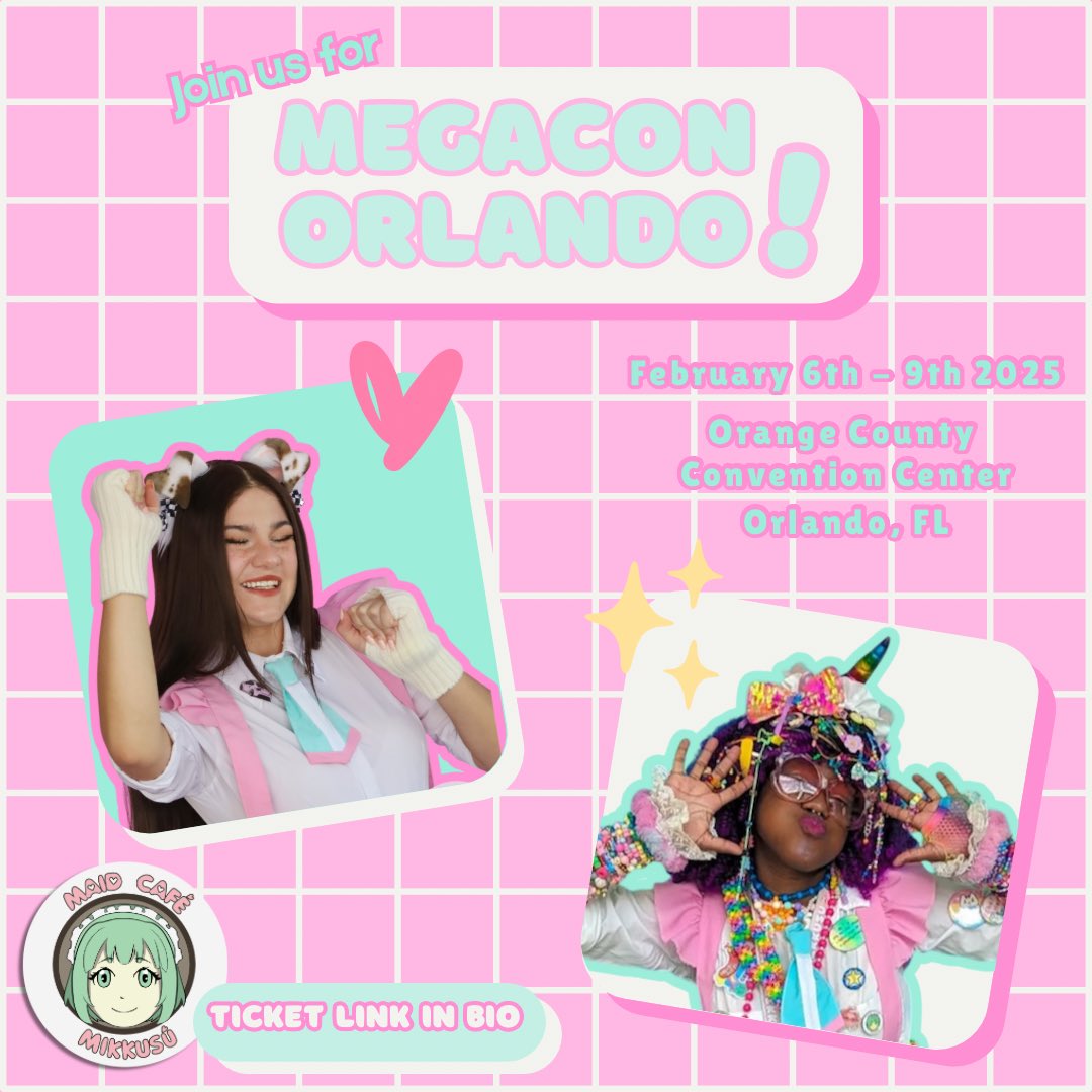 ✨Maid Cafe Mikkusu is heading to <a href="/MegaConOrlando/">MEGACON Orlando</a> ✨ Join us February 6th-9th 2025 for sweet treats, charming maids, and unforgettable memories. 🍰🎀 Don’t miss out—grab your tickets now! Link in bio! 💕