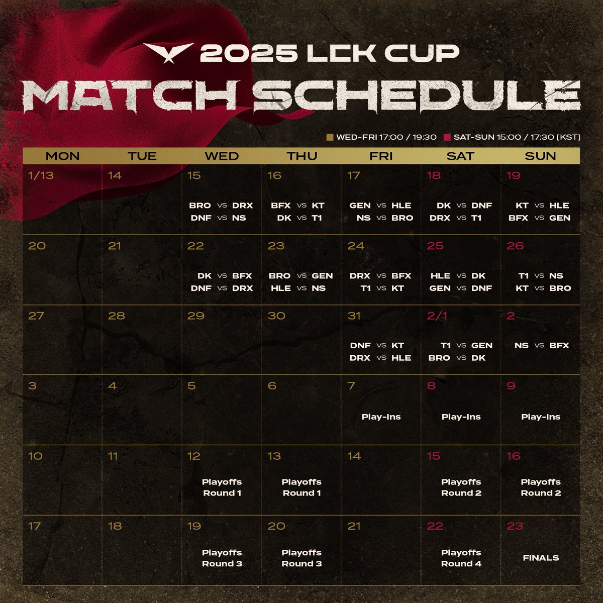 LCK's tweet photo. LCK’s back with a brand new tournament style!
The 2025 #LCK CUP will officially start on Jan. 15, at 5PM KST!

Starting from the Group Battle, then Play-Ins, Playoffs and the pinnacle at Finals - mark your calendars and don’t miss a single game of the 2025 LCK CUP! https://t.co/5yuA39w3Wr