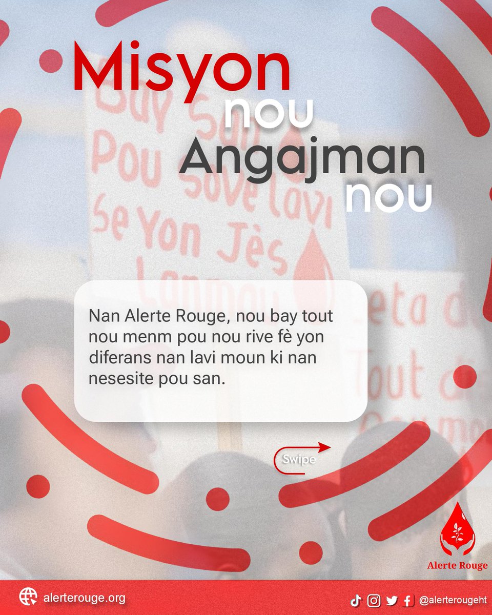 AlerteRougeHT_'s tweet photo. En Haïti, chaque seconde compte pour sauver une vie. 🩸 Avec @AlerteRougeHT_, nous connectons donneurs et patients en besoin urgent de transfusion.  Chaque don compte. 🩸🌿
Notre mission : Faire de chaque don un acte de solidarité et d’espoir. 🏥🍀 https://t.co/RQkgrI79wV