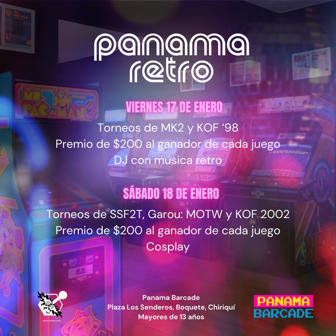 Este 17 y 18 de enero regresa Panama Retro. Dos días de música retro, torneos organizados por <a href="/PanamaFighters/">PanamaFighters 🥊</a> la participación de <a href="/Kailani_Cosplay/">Kailani Cosplay</a> y mucha diversión en <a href="/PanamaBarcade/">Panama Barcade 👾🍸🎮🍺</a>