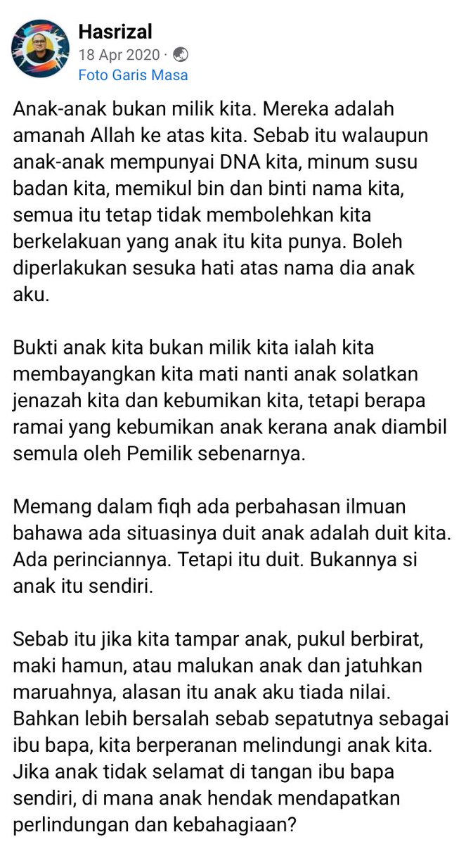 n_azzurajafri's tweet photo. Anak kita bukan milik kita. Kita sepatutnya memberi rasa selamat dan perlindungan pada anak. 

Anak perlukan ibu bapa sebagai leader (authority and guidance) bukan diktator.

Our children are their ownselves, not the mini us that oblige to fulfill our dreams https://t.co/EGCoakqZ9X