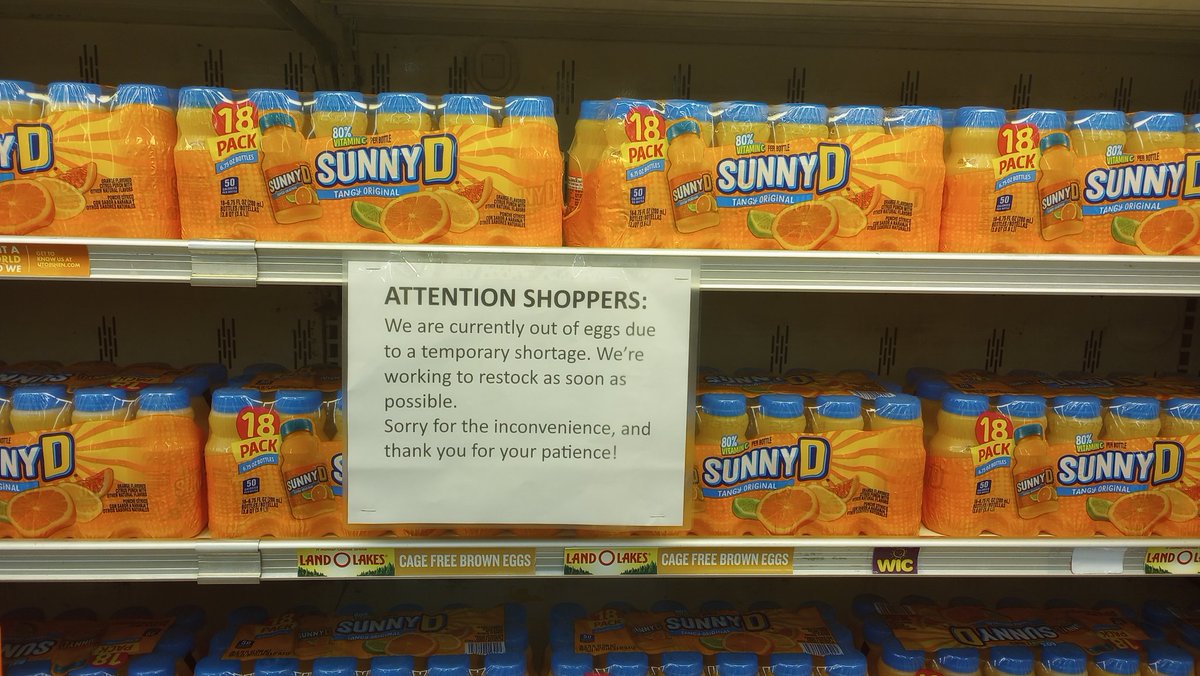 eggs_gremlin's tweet photo. This is very funny to me. No eggs, so we've replaced the whole wall with Sunny-D. It's basically the same thing. https://t.co/7Svqsi9h56