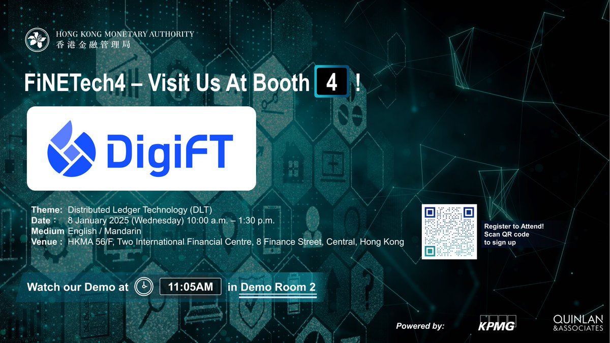 DigiFTTech's tweet photo. Come and meet the @DigiFTTech team at FiNETech4!

📅 8 January 2025
📍 HKMA 56/F, Two International Financial Centre, 8 Finance Street, Central, Hong Kong
⏰ 10:00 AM - 1:30 PM HKT

See you there! 🚀
Scan QR code to sign up!

#HKMA #FiNETech #FintechPromotionRoadmap #DLT https://t.co/FyWPwU8tq0