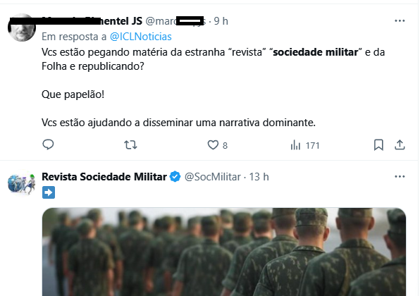 Alguém que estranhamente quer dominar as narrativas diz que a "narrativa" da <a href="/SocMilitar/">Revista Sociedade Militar</a> é estranha e dominante😀. A internet é muito legal mesmo... estava acostumado a ver generais tentar calar sites que não se submetem a governos, ideologias ou instituições, mas oficiais