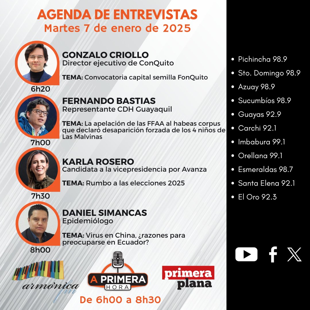 PrimeraPlanaECU (@primeraplanaecu) on Twitter photo 🎙️Agenda del noticiero #APrimeraHora | Martes, 7 de enero de 2025.
➡️ <a href="/gonzalocriollog/">Gonzalo Criollo G.</a>, <a href="/ConquitoUIO/">ConQuito</a>
➡️ <a href="/NandoBastias/">Fernando Bastias Robayo 🇵🇸</a>
➡️ @Alyta10
➡️ <a href="/DanielSimancasR/">Daniel Simancas-Racines</a>
⏰Los esperamos desde las 06h00 am, con <a href="/fabriciovelav/">Fabricio Vela</a> y <a href="/AndreaOrbe5/">Andrea Orbe Saltos</a>. 🎙️Agenda del noticiero #APrimeraHora | Martes, 7 de enero de 2025.
➡️ <a href="/gonzalocriollog/">Gonzalo Criollo G.</a>, <a href="/ConquitoUIO/">ConQuito</a>
➡️ <a href="/NandoBastias/">Fernando Bastias Robayo 🇵🇸</a>
➡️ @Alyta10
➡️ <a href="/DanielSimancasR/">Daniel Simancas-Racines</a>
⏰Los esperamos desde las 06h00 am, con <a href="/fabriciovelav/">Fabricio Vela</a> y <a href="/AndreaOrbe5/">Andrea Orbe Saltos</a>.