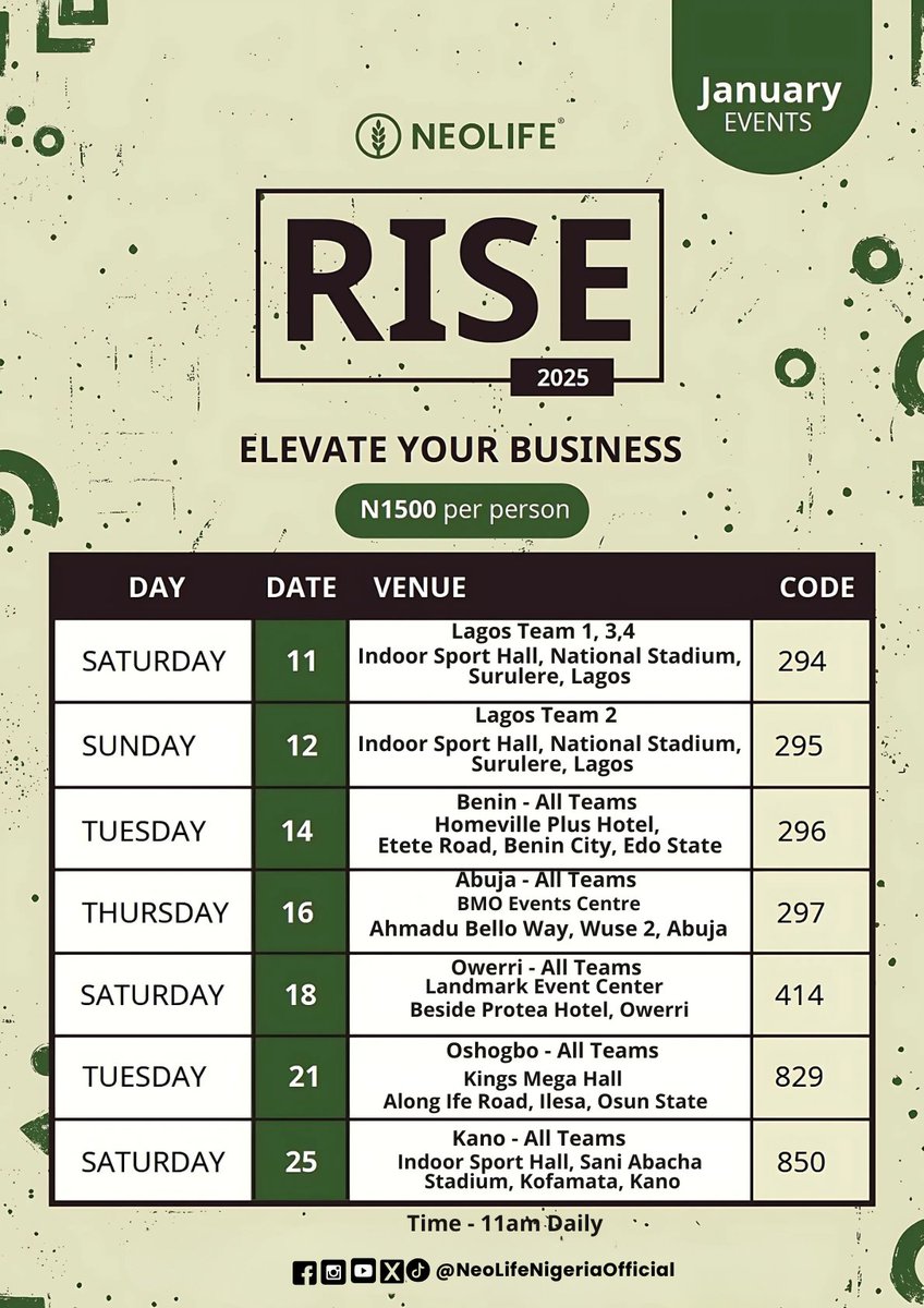 _NeoLifeNigeria's tweet image. Locate your respective venues and team for this year&apos;s RISE Events. Don&apos;t miss out!

#neolife #NewYear2025 #elevate #Growth #business #fypage #viral #Trending