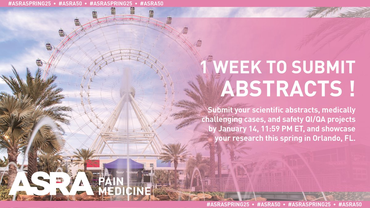 Got News Year's resolutions? Put presenting your research at a top-tier scientific meeting on the list! The abstract submission deadline for #ASRASPRING25 #ASRA50 closes in 1 week - January 14 at 11:59 pm ET. Head over to asra.com/raapm and start 2025 off strong! 💪