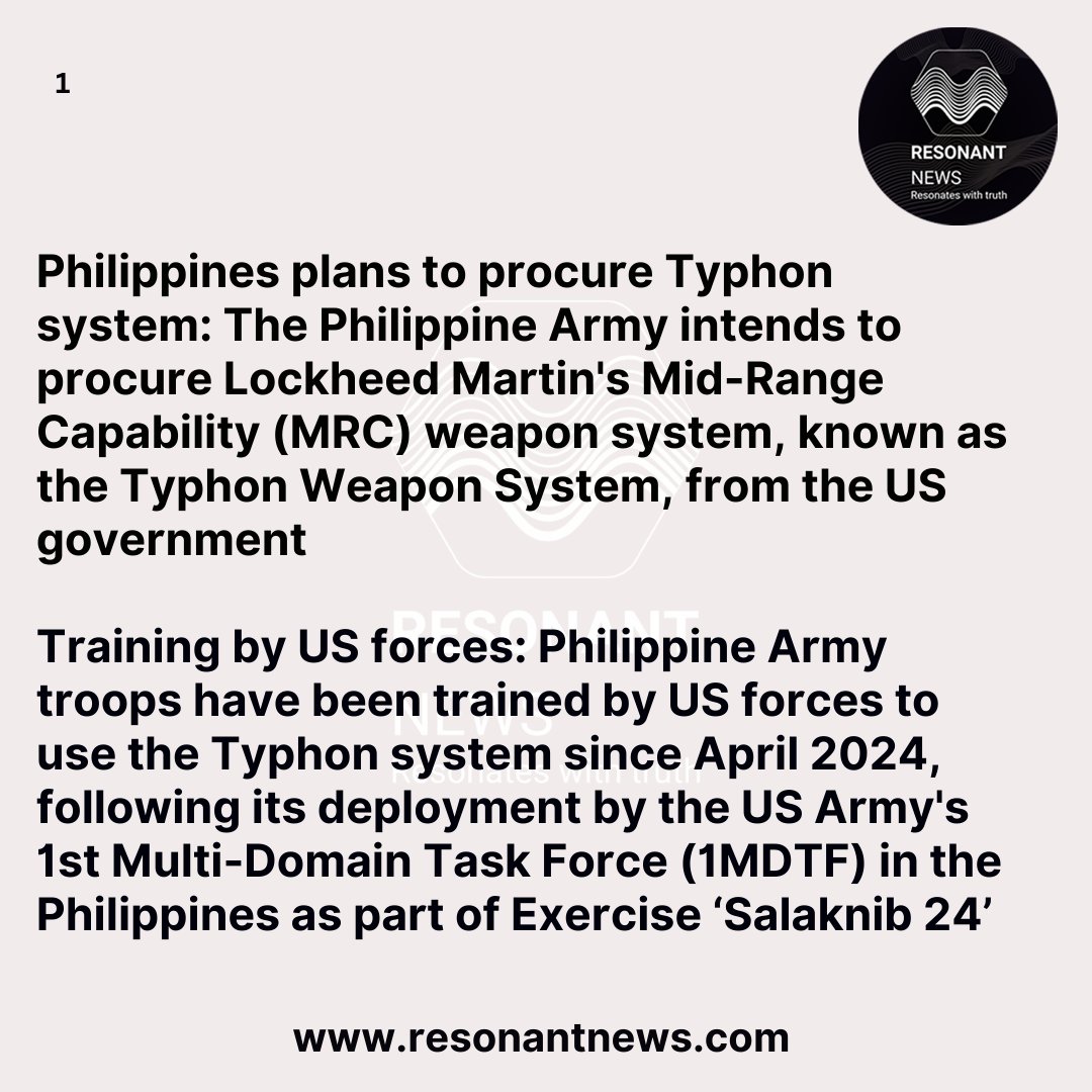 Resonant_News's tweet image. Enhancing Defense: Philippines Outlines Typhon Weapon System Procurement

#PhilippinesDefense #TyphonWeaponSystem #USPhilippinesRelations #MilitaryProcurement #DefenseCapabilities