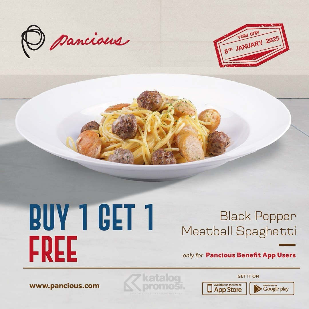 katalogpromosi's tweet image. 🎉 Promo BUY 1 GET 1 FREE Black Pepper Meatball Spaghetti di Pancious! Cuma buat pengguna Pancious Benefit App, hanya di Jabodetabek, Makassar, Surabaya, dan Palembang! Buruan ke Pancious 8 Januari 2025! 

Cek detailnya di sini 👉 
katalogpromosi.com/promo-pancious…

#Pancious…