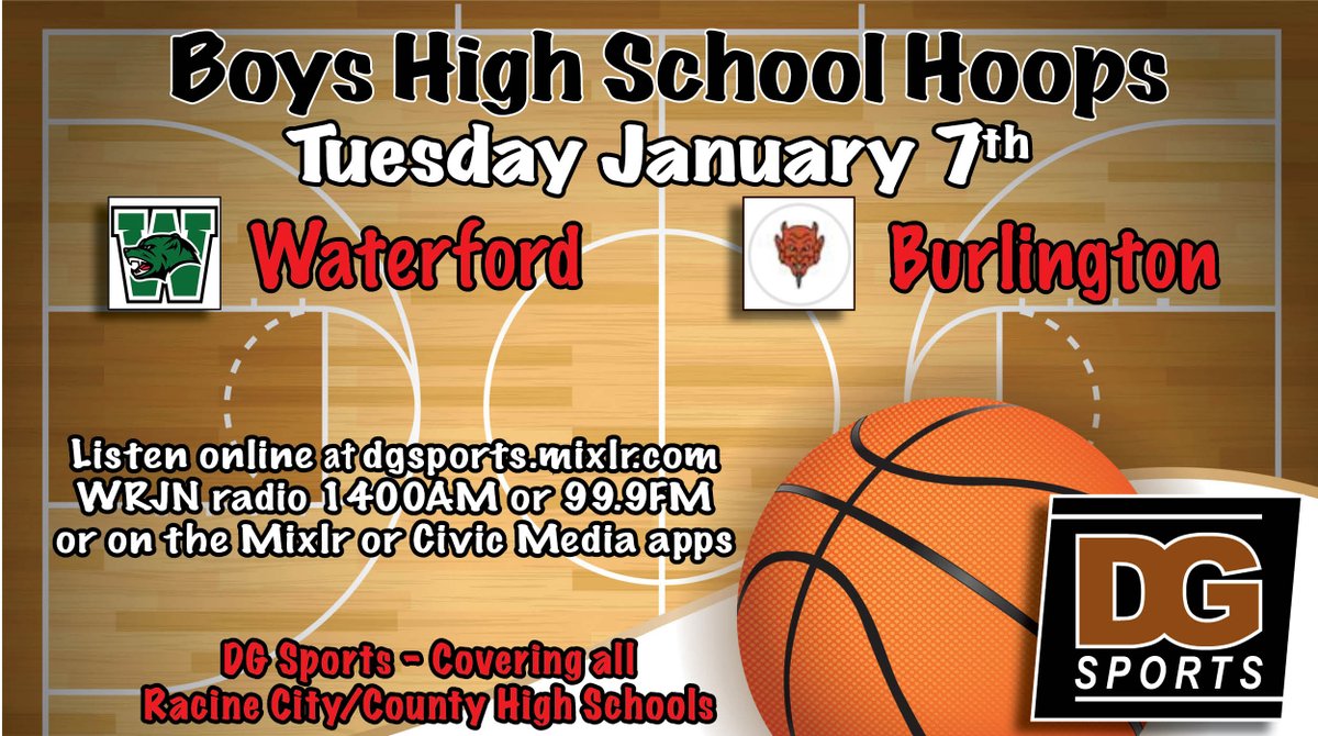 High School Hoops! Listen live Tuesday 1/7 at 6:30 when the Burlington Demons hosts the Waterford Wolverines: dgsports.mixlr.com/events/3953171 or on
<a href="/WRJNNews/">WRJN</a> 1400AM or 99.9FM Racine or 98.1FM Kenosha, or on the free Mixlr or Civic Media app. #wisbb <a href="/MaxPreps/">MaxPreps</a> <a href="/scorestream/">ScoreStream</a> <a href="/PrepHoops_WI/">Prep Hoops Wisconsin</a>