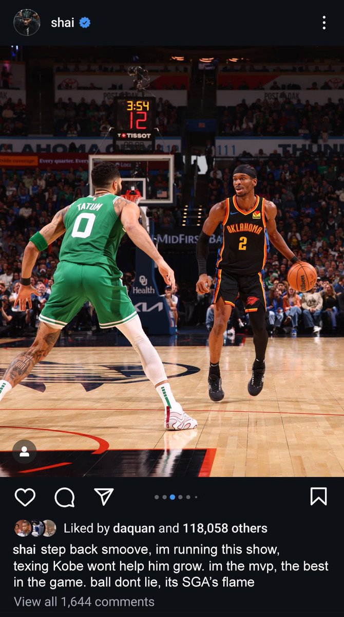 TheNBACentel's tweet image. SGA taking shots at Jayson Tatum on his IG caption 👀