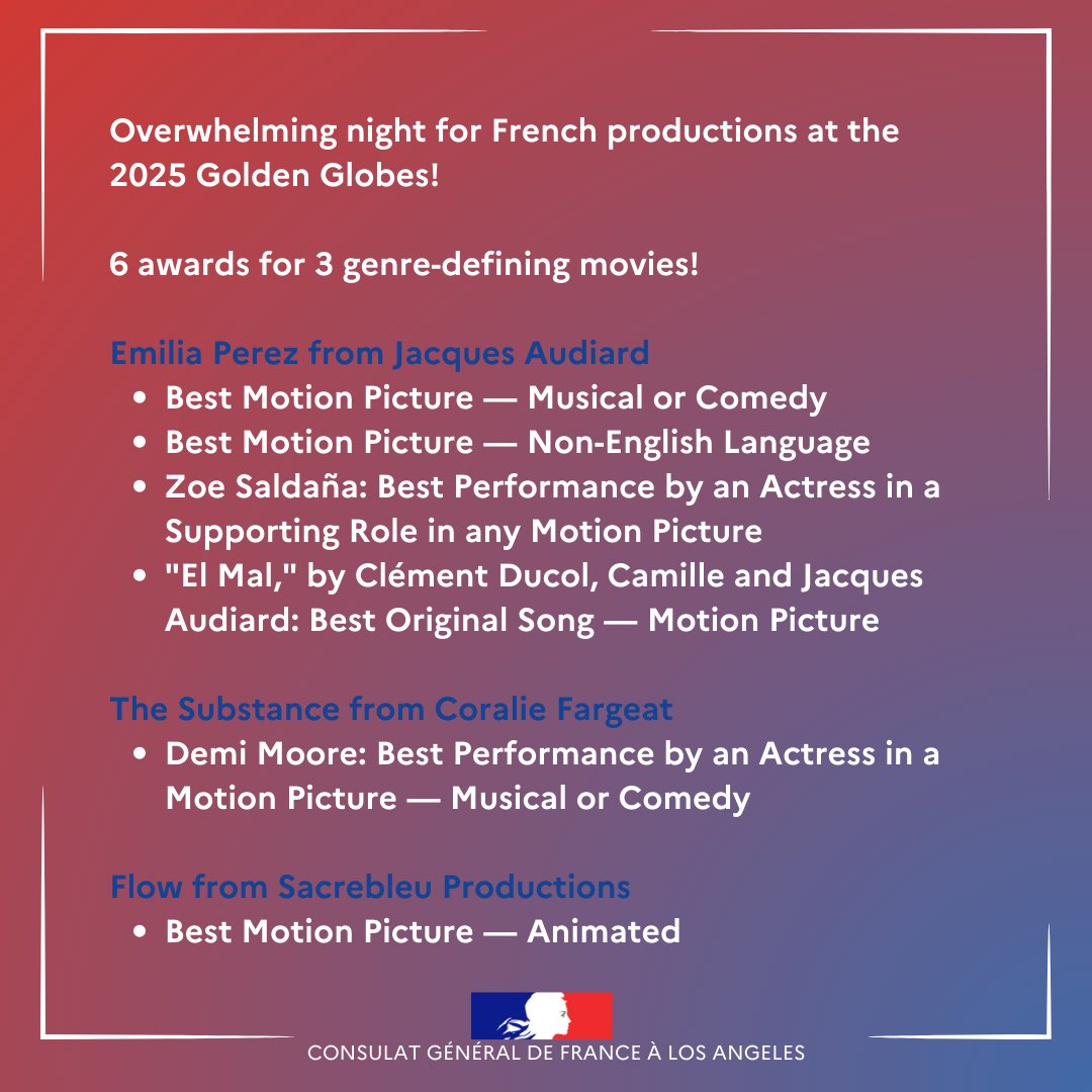 🎬🍿#GoldenGlobes Overwhelming night for French productions at the 2025 Golden Globes, with movies presenting strong and empowered women. The director and actresses awarded represent unique and driven story-telling . 
🏆6 awards for 3 genre-defining movies.