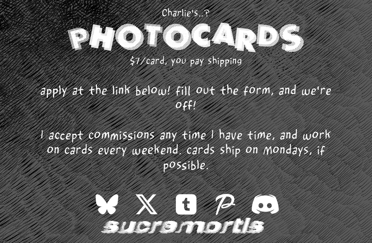 sucremortis's tweet photo. SIMPS. OC ENTHUSIASTS. FANDOM FREAKAZOIDS. I want you.

I'll print your dudes out for you and let you hold them in your hands. OCs. Artwork. Screenshots. SFW, NSFW, I don't care. Give them to me.

More details in the link in the thread..!!!
#photocard #photocards #ocs https://t.co/3WwYxbNJ33