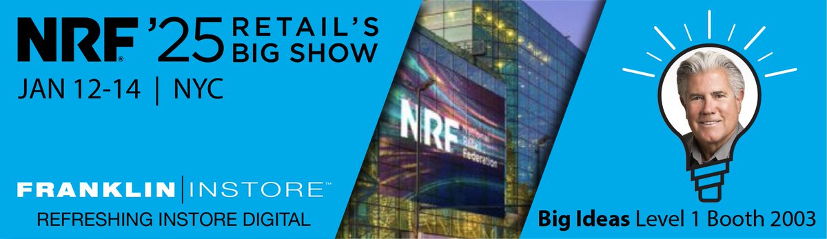 Please join Peter Hext from <a href="/FranklinInstore/">Franklin Instore</a> and myself at the <a href="/NRFnews/">National Retail Federation</a> Retail's Big Show.  The event where the industry goes each year. Visit booth 2003 during the #NRF show to demo the platform <a href="/elotouch/">Elo</a>  #NRF2025 #retail #digitalsignage #kiosks #merchandising #eloiseverywhere