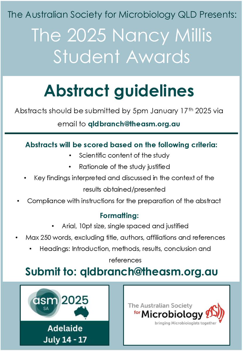 ASM QLD Branch (@asm_qld) on Twitter photo Happy New Year! We are back and in full preparation for our Qld meeting Microbes in Moreton #MiM2025 held at <a href="/usceduau/">UniSC: University of the Sunshine Coast</a> Petrie campus on 8th of Feb 2025.
π’#Microbiology #Qld students get those abstracts ready for 2025 Nancy Millis Student Awards πππ
<a href="/AUSSOCMIC/">ASM</a> Happy New Year! We are back and in full preparation for our Qld meeting Microbes in Moreton #MiM2025 held at <a href="/usceduau/">UniSC: University of the Sunshine Coast</a> Petrie campus on 8th of Feb 2025.
π’#Microbiology #Qld students get those abstracts ready for 2025 Nancy Millis Student Awards πππ
<a href="/AUSSOCMIC/">ASM</a>