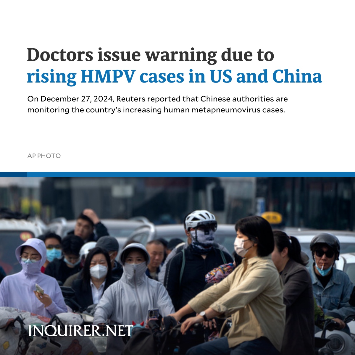 inquirerdotnet's tweet photo. Doctors from the US and other Western countries called on China to share more details regarding its rising HMPV cases. 

READ MORE: https://t.co/NyDY4asu6Z https://t.co/4TE4amvZS5