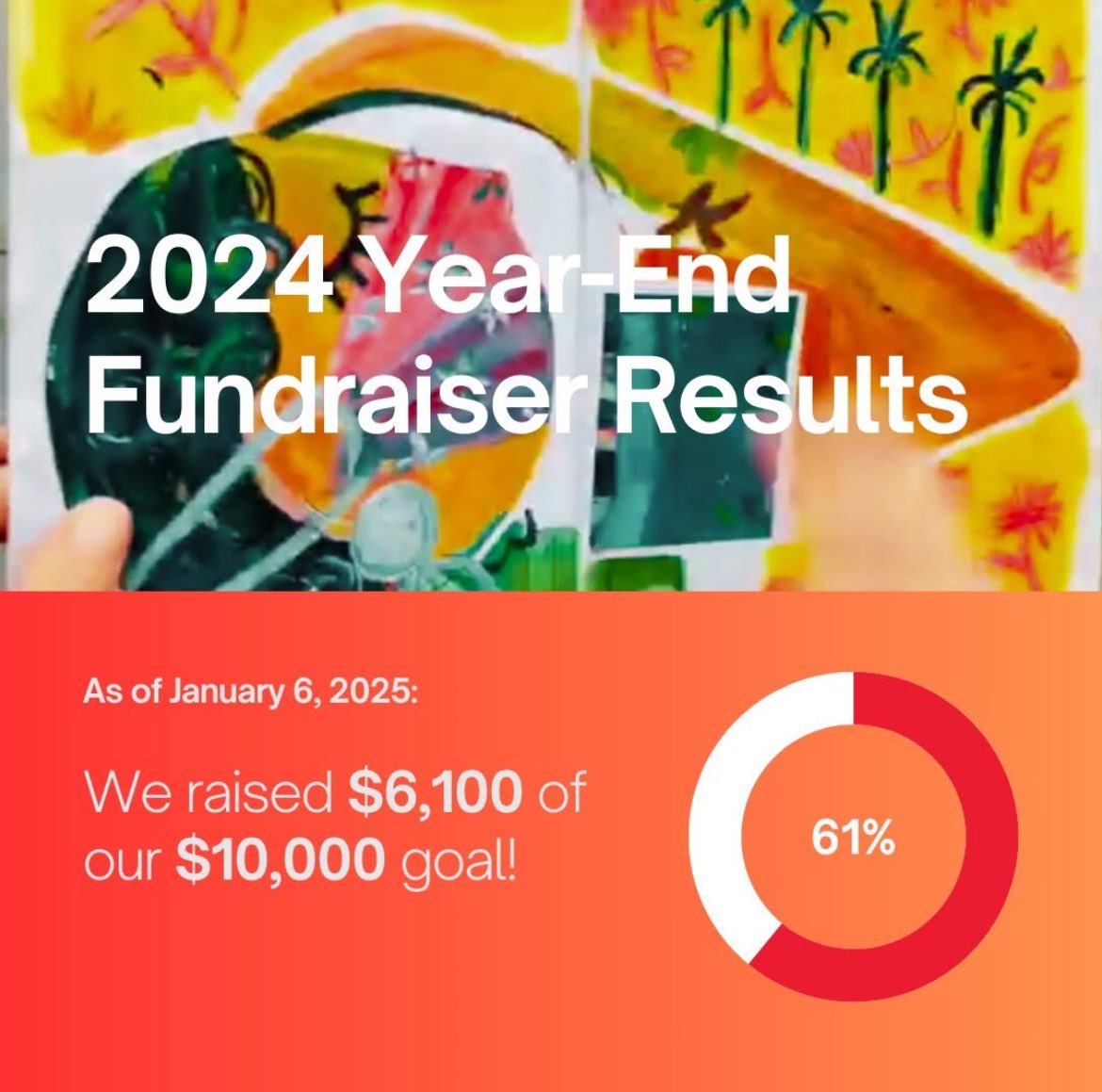The results are in!

You helped us raise $6,100.00 during our year-end fundraiser. We are truly grateful for your generosity and support. Your donations will go a long way in providing art supplies and teaching artists for our youth and senior art classes in 2025.