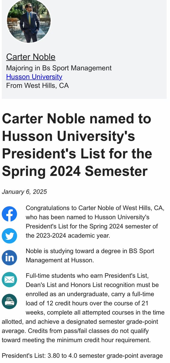 Excited to announce that I have been named to <a href="/HussonU/">Husson University</a> President’s List. Happy to see that all the hard work is paying off. One more semester to go.