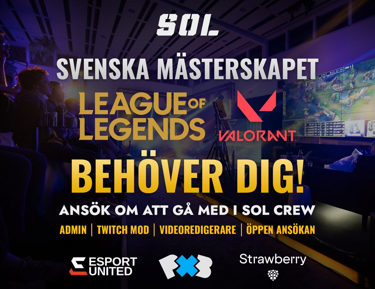 📢 SOL Crew söker förstärkning!
Vill du vara en del av det Svenska Mästerskapet i League of Legends och VALORANT?

Vi söker engagerade personer till vårt team:
🔸 Admins 
🔹 Twitch Mods
🔸 Videoredigerare
🔹 Öppen ansökan

🔗 Ansök via formuläret: forms.gle/rxWnjpSDyfEj42…

Var med