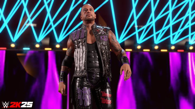 WWE Superstar Damian Priest is wearing a leather black outfit with purple and red details. The left side of his pants have the words "Terror Twins" on them. There are neon blue and purple lights in the background as Damian is walking forward. There is a WWE 2K25 in the bottom left corner.
