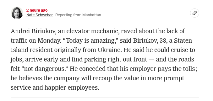 it turns out congestion pricing is actually quite good for many businesses because saving hours of wasted labor and gas stuck in traffic is far more valuable than the $9 charge