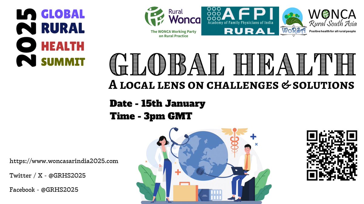 Pratyush kumar (@drpratyush) on Twitter photo We are excited to invite you to join and contribute to our second webinar as part of the Global Rural Health Summit.
*Topic:* Global Health: A Local Lens on Challenges & Solutions
*Date:* January 15th
*Time:* 3:00 PM GMT
<a href="/WoncaWorld/">WONCA</a> <a href="/GRHS2025/">Global Rural Health Summit</a> <a href="/WoRSAcares/">WoRSA</a> <a href="/RuralWonca/">Rural Wonca</a> We are excited to invite you to join and contribute to our second webinar as part of the Global Rural Health Summit.
*Topic:* Global Health: A Local Lens on Challenges & Solutions
*Date:* January 15th
*Time:* 3:00 PM GMT
<a href="/WoncaWorld/">WONCA</a> <a href="/GRHS2025/">Global Rural Health Summit</a> <a href="/WoRSAcares/">WoRSA</a> <a href="/RuralWonca/">Rural Wonca</a>