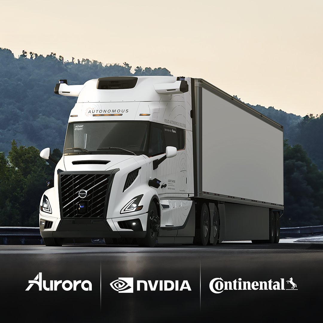Three leaders, one vision. Aurora, Continental, and NVIDIA unite to unlock a future of scalable autonomous freight. Read more here: bit.ly/3Pn6BUr
