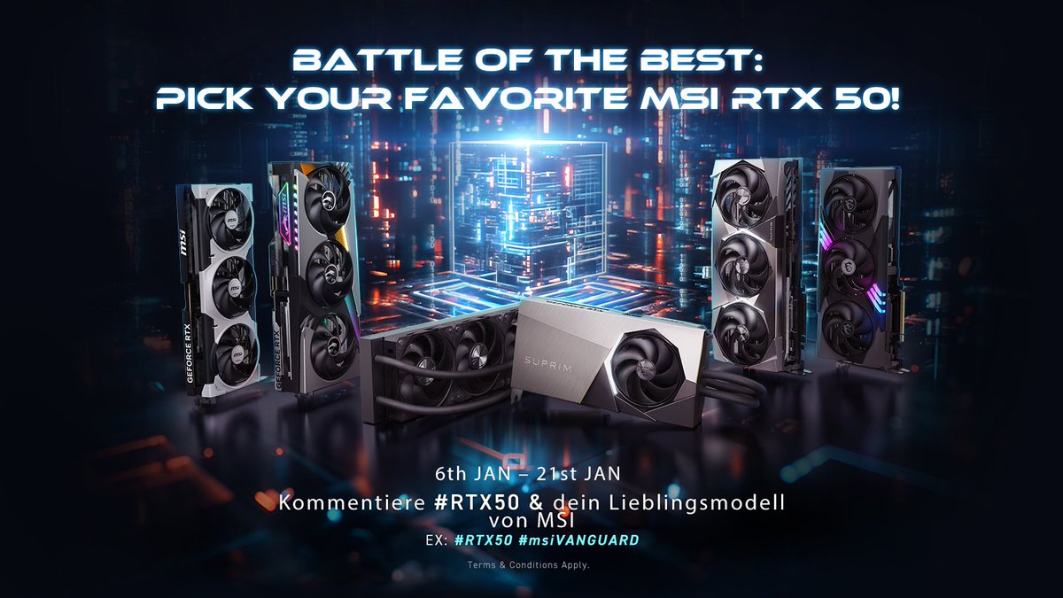 Sichere dir die Chance auf einen Gewinn!  

✅ KOMMENTIERE mit #RTX50 + deiner Wahl z. B. #RTX50 #msiVANGUARD  
✅ TEILE diesen Beitrag  

Mehr erfahren: msi.gm/RTX50  
#MSIxFutureAI #BattleoftheBest