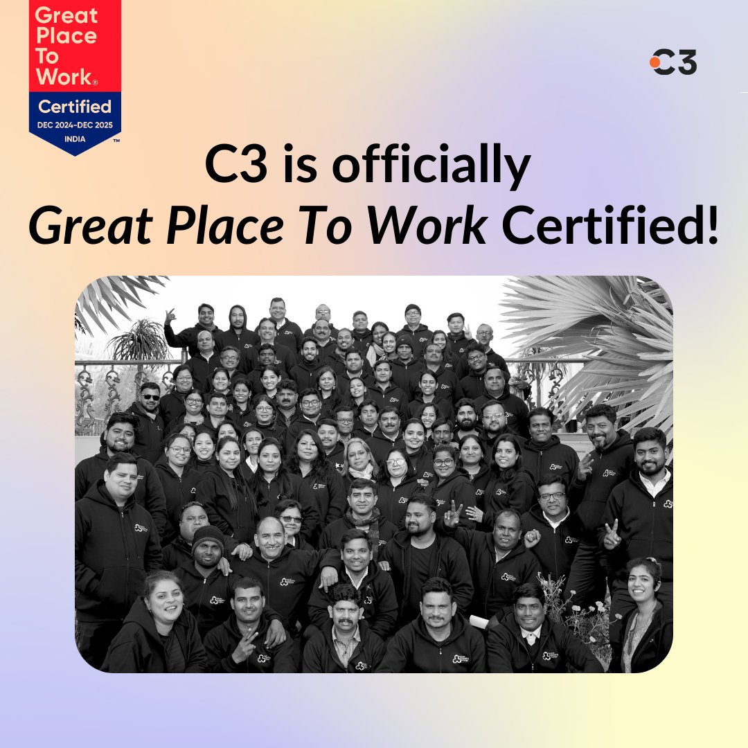 C3 India (@c3_india) on Twitter photo C3 is now officially a #GreatPlacetoWork!
C3 has been recognized by <a href="/GPTW_India/">Great Place To Work India</a>, the global authority on workplace culture, for fostering an empowering workplace environment rooted in innovation, collaboration, and respect.
This certification reflects our unwavering commitment C3 is now officially a #GreatPlacetoWork!
C3 has been recognized by <a href="/GPTW_India/">Great Place To Work India</a>, the global authority on workplace culture, for fostering an empowering workplace environment rooted in innovation, collaboration, and respect.
This certification reflects our unwavering commitment
