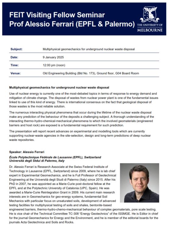 #seminar #nuclear #debate <a href="/MEIunimelb/">Melbourne Energy Institute</a>  "Multiphysical geomechanics for underground nuclear waste disposal" by Prof Alessio Ferrari from the <a href="/geomecha_EPFL/">LMS-EPFL</a> group and Univ. di Palermo. Sharing with us the European experience and fundamentals about geological disposal.